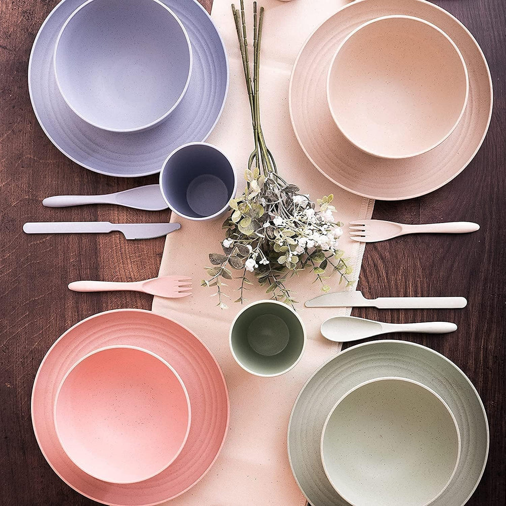 Set de tacâmuri din plastic pentru camping pentru 4 persoane, reutilizabile, indestructibile, farfurii, căni, boluri și tacâmuri ușoare, ecologice, reutilizabile, potrivite pentru cuptorul cu microunde și mașina de spălat vase