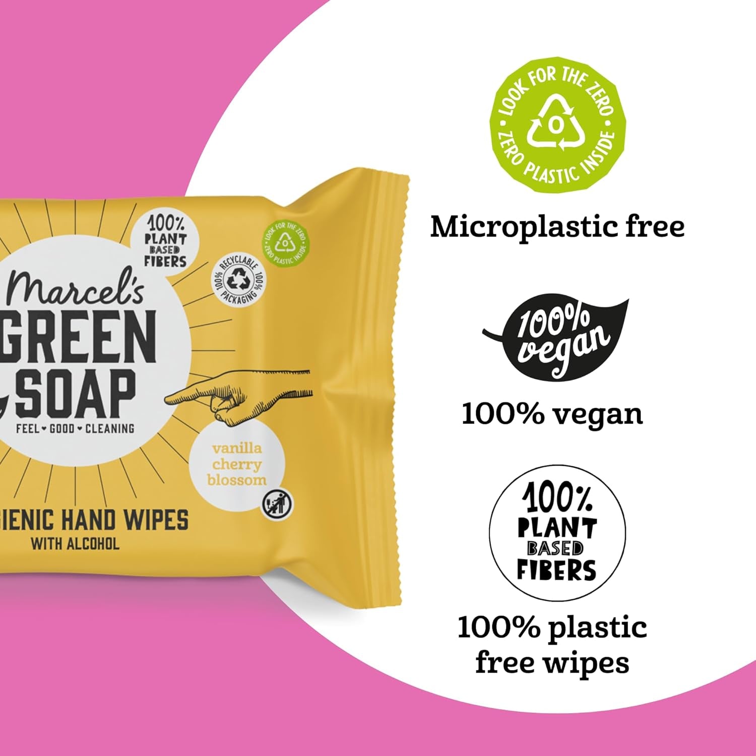 Salviette umidificate per mani Marcel's Green Soap, confezione da 60 - Vaniglia e fiori di ciliegio - A base vegetale - Biologiche