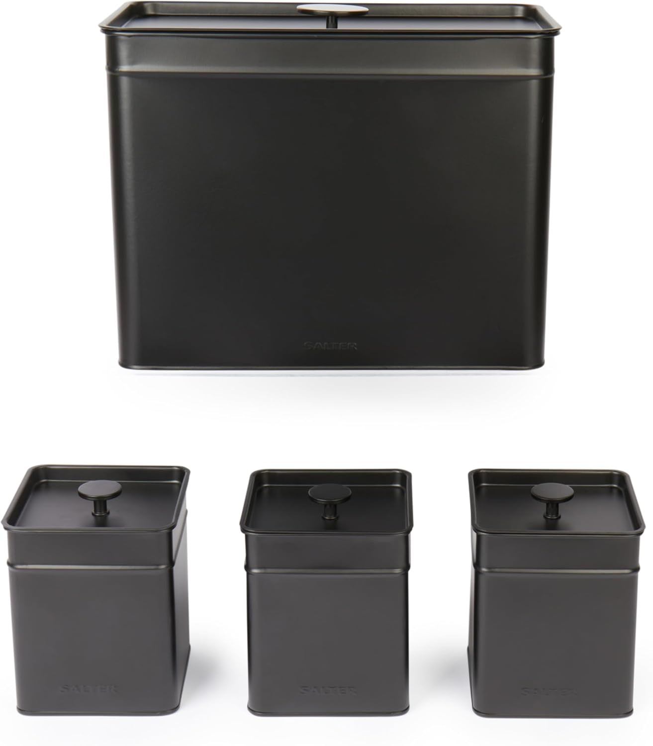 Salter BW12614EU7 Set de cutii de depozitare Kuro - 4 recipiente de bucătărie, pâine/ceai/cafea/zahăr, cutii pătrate de organizare, ușor de curățat, păstrează alimentele proaspete, negru Cutii depozitare alimente Naty Shop