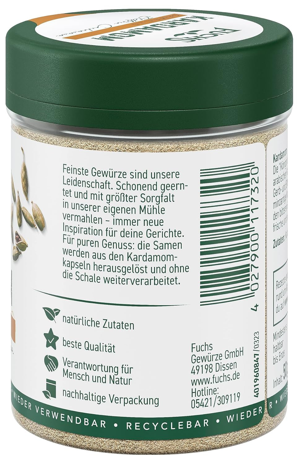 Fuchs Gewürze - Kardamom gemahlen - Gewürz für Glühwein oder Fleischgerichte wie Roastbeef oder Schweinebraten - ingredienti naturali - 50 g in wiederverwendbarer, recyclebarer Dose