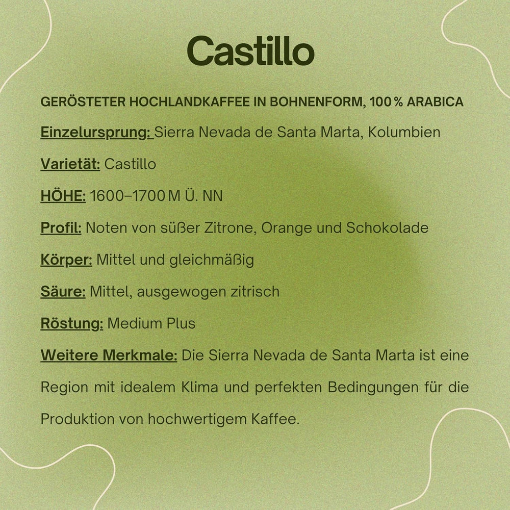 Spezialitätenkaffee Bohnen 100% Arabica Natural Mittlere Röstung Gewaschener Prozess Zitrus Schokolade Karamell Schattenanbau Sierra Nevada (250 g, Castillo)