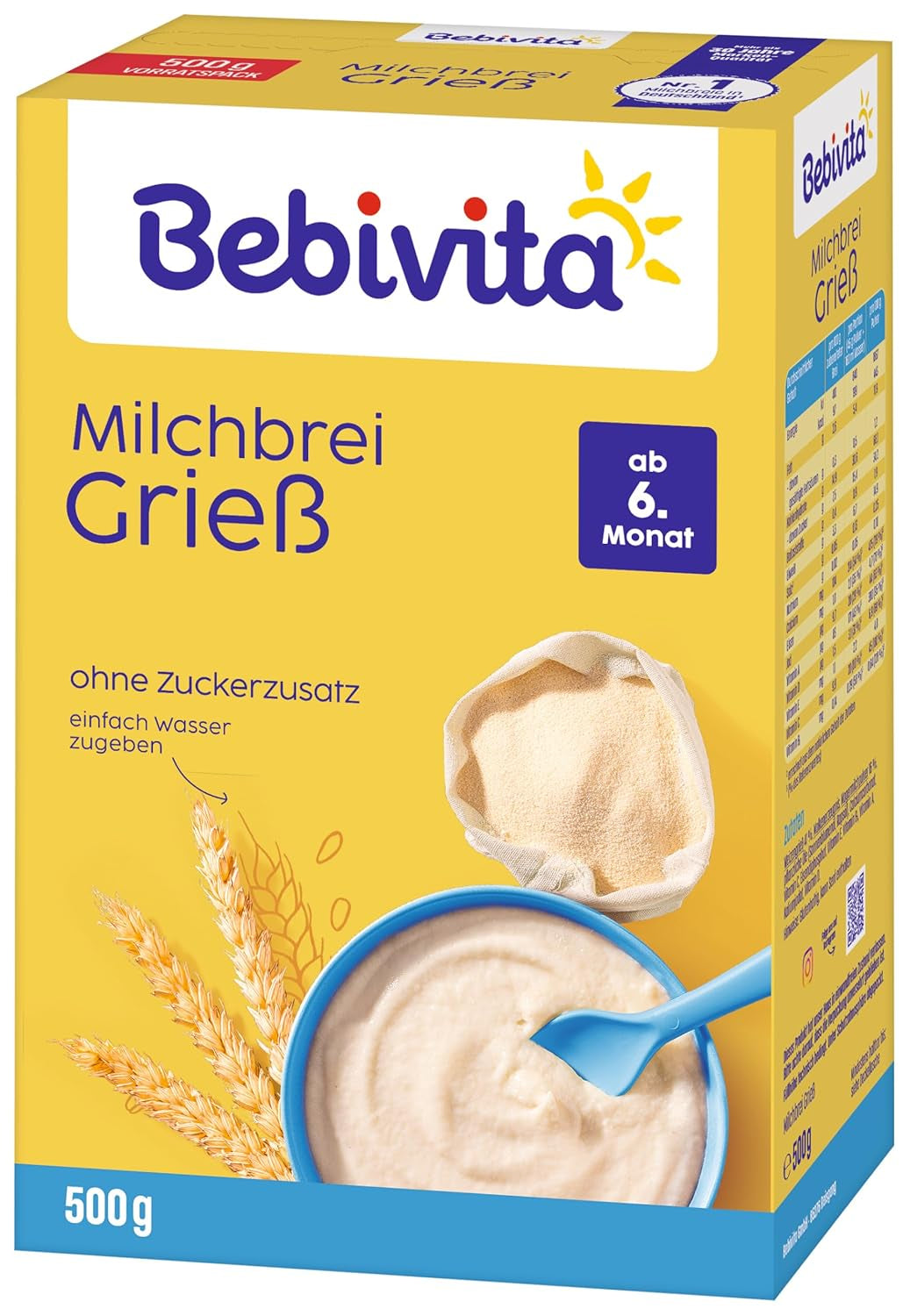Porridge di semolino con latte (4 x 500 g), alimento per neonati a partire da 6 mesi, senza zuccheri aggiunti, con preziosi minerali e vitamine, molto saziante