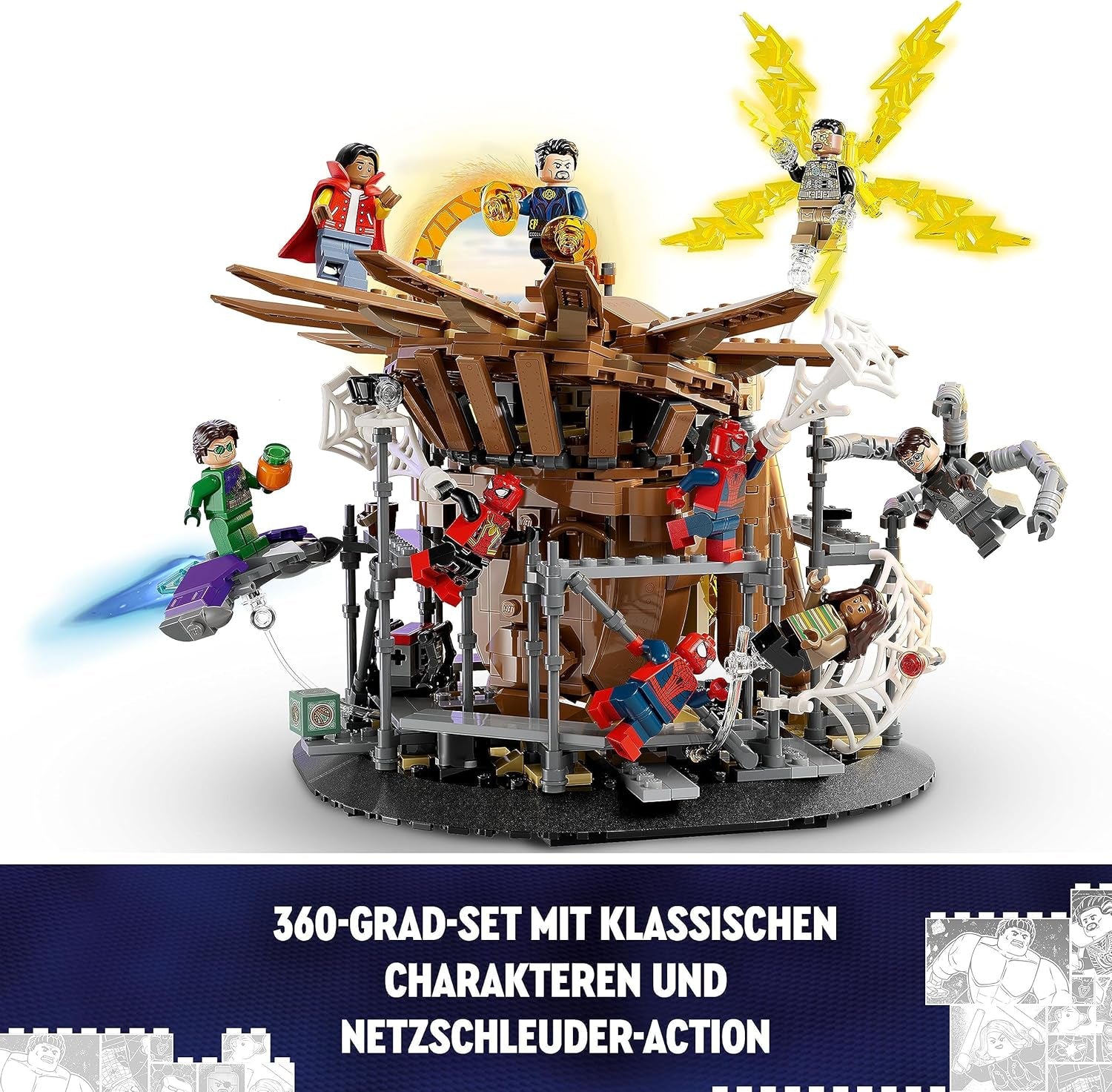 LEGO 76261 Marvel Spider-Man's Big Showdown, Spider-Man: No Way Home set con 3 minifigure Peter Parker più Green Goblin, Electro, Sandman, Ned, Doctor Strange e MJ, modello da collezione Set di costruzione Besuche den LEGO-Store