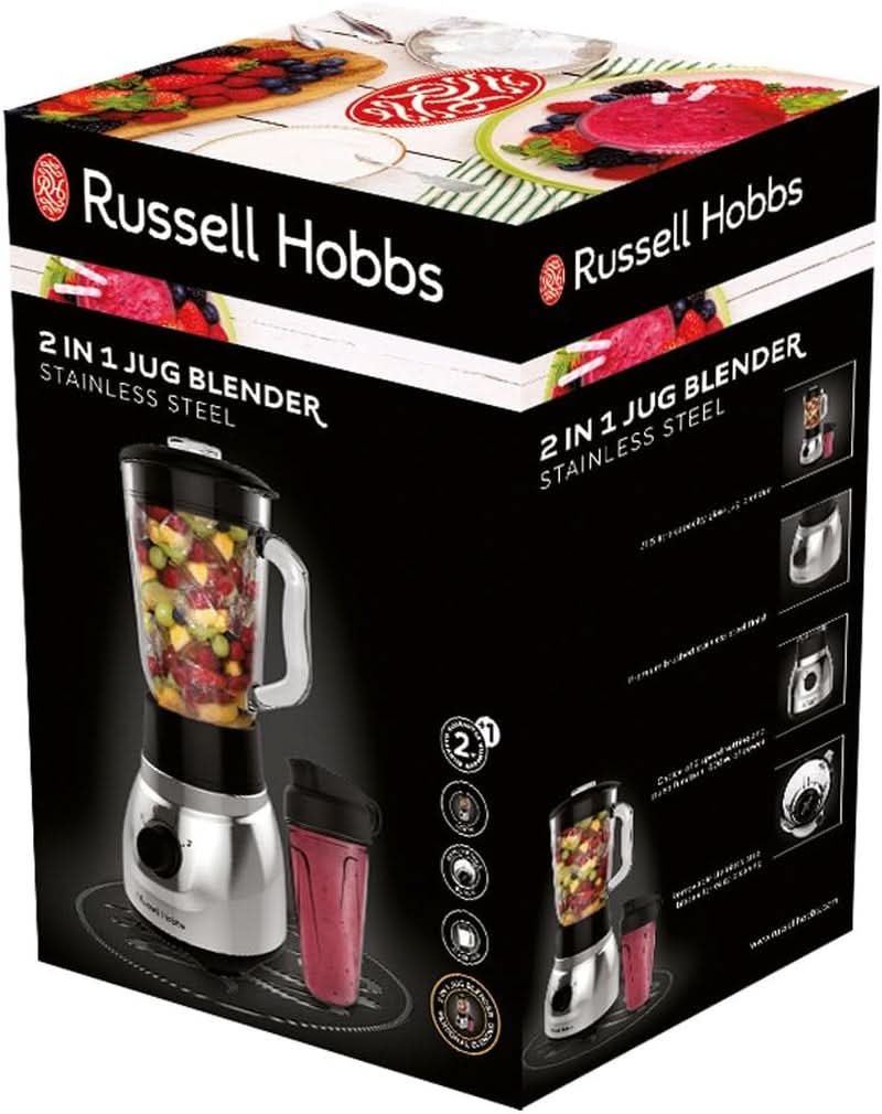 Russell Hobbs Robot da cucina 2 in 1 [mixer in vetro da 1,5 l e mini frullatore da 0,6 l -To-Go-Trinkflasche Inkl. Deckel] Spülmaschinenfest, funzione Impuls-/Ice-Crush, Becher BPA Frei, Edelstahl 23821-56 Kitchen Naty Shop