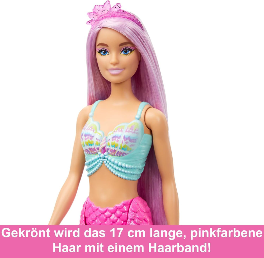 Păpușa Barbie Sirenă - cu păr lung roz și accesorii pentru coafare individuală, inclusiv perie, vârf frumos în formă de scoică și aripioară caudală roz, pentru copii cu vârsta de 3 ani și peste, HRR00