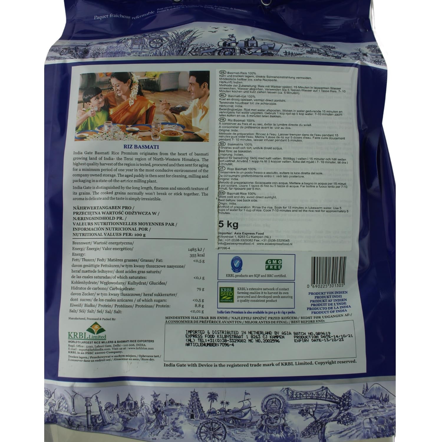 INDIA GATE Riso Basmati Premium – Riso fine a grana lunga, aromatico proveniente dall'India, a grana lunga fine (1 x 5 kg)