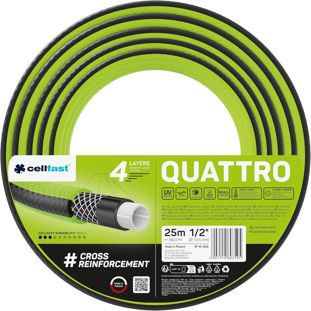 Furtun de grădină Cellfast QUATTRO, durabil, ușor, cu 4 straturi, rezistent la UV, furtun din fire, împletitură încrucișată, 20 bar, 3/4" 15m, 10-074