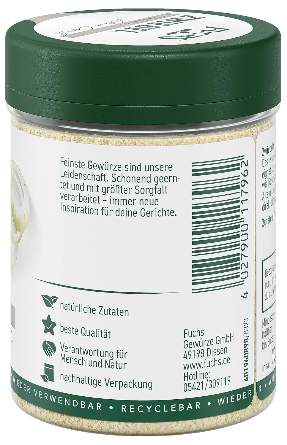 Fuchs Gewürze - Zwiebel granuliert - Gewürz für Saucen oder Nudelgerichte - natural Ingredients - 70 g in wiederverwendbarer, recyclebarer Dose