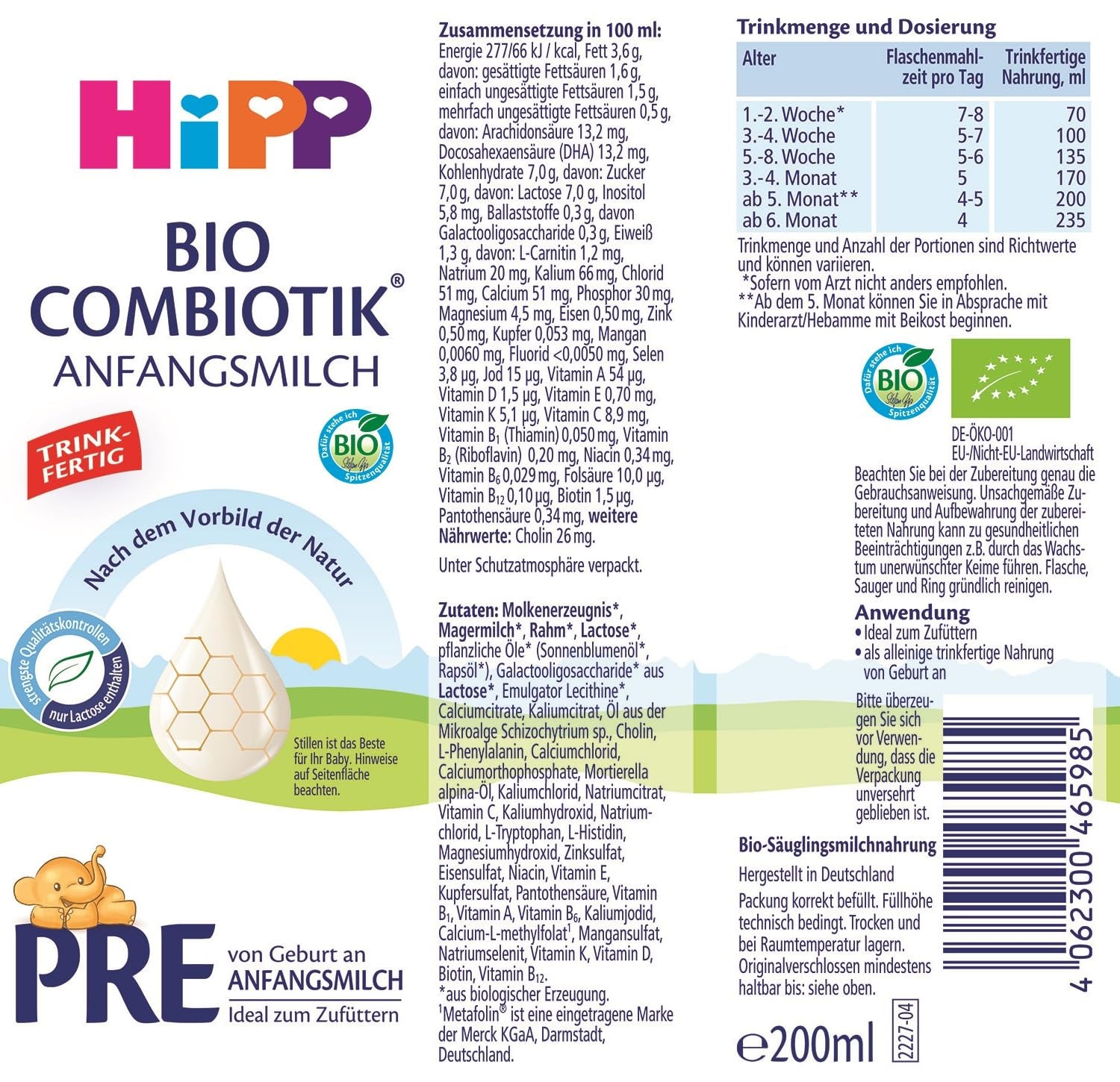 HiPP PRE Formula combinata biologica pronta da bere (6 x 200 ml) Latte per neonati solo dalla nascita Contiene lattosio come carboidrati Miglior biologico