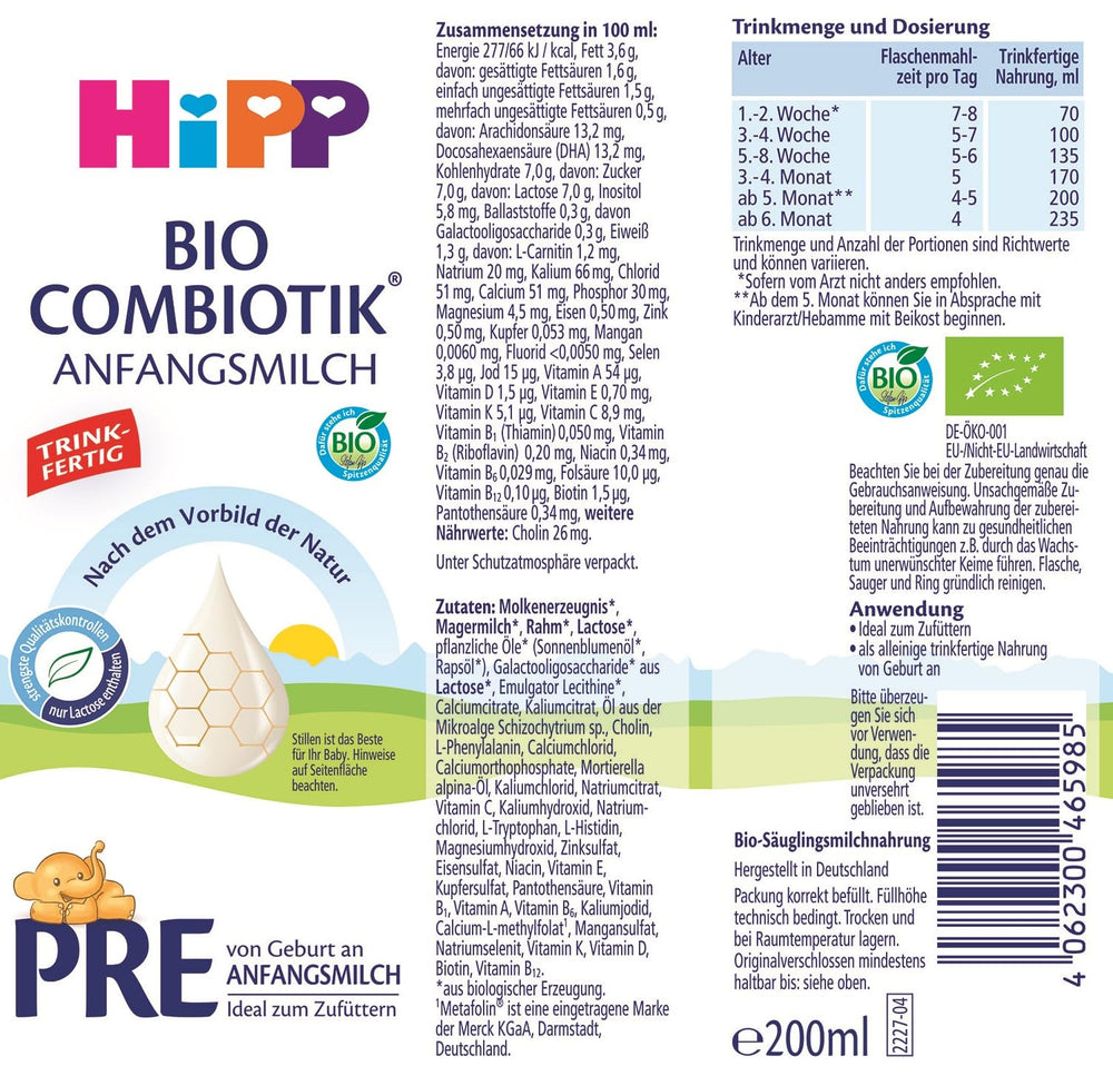 HiPP PRE Formula combinata biologica pronta da bere (6 x 200 ml) Latte per neonati solo dalla nascita Contiene lattosio come carboidrati Miglior biologico