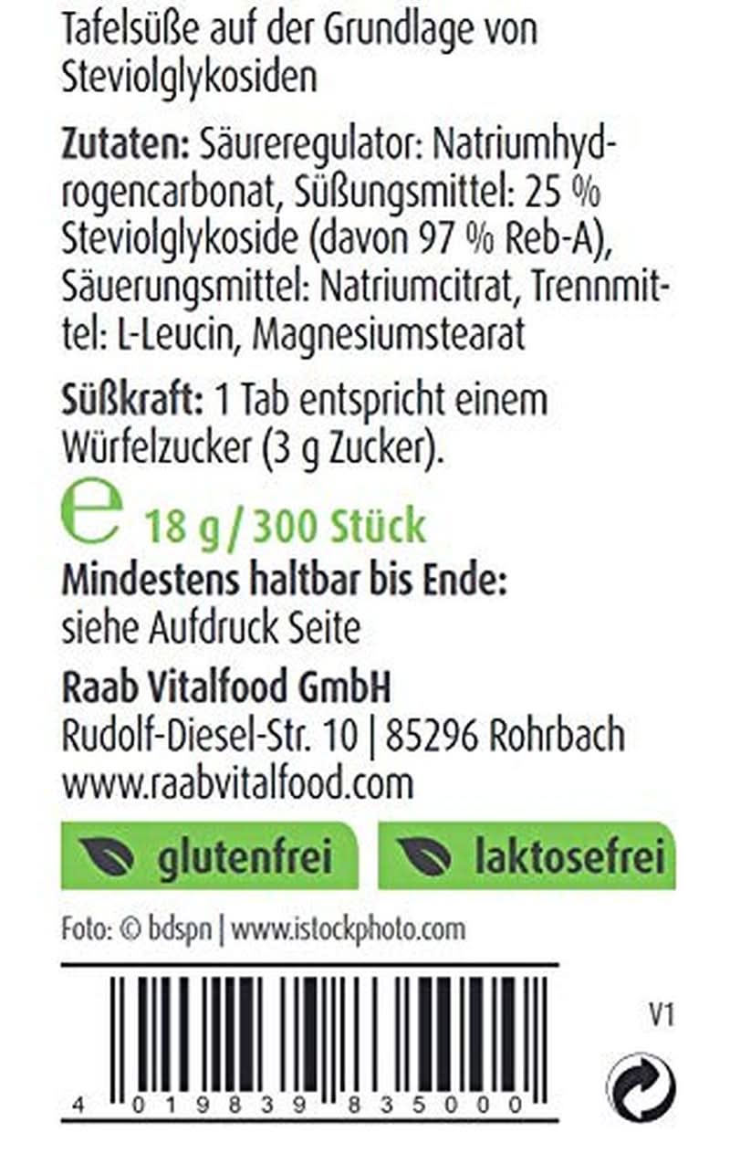 Raab Vitalfood Stevia Tabs, 300 comprimate (pastilute), 18 grame Indulcitori Naty Shop