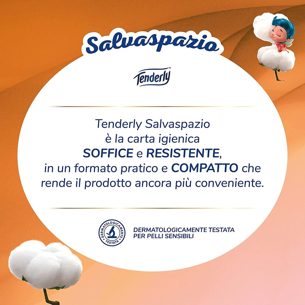 Economie de spațiu, 96 de role de hârtie igienică, 2 straturi, 220 de lacrimi per rolă, Cu extracte naturale de malva și gălbenele, Fabricat în Italia, Testat dermatologic.