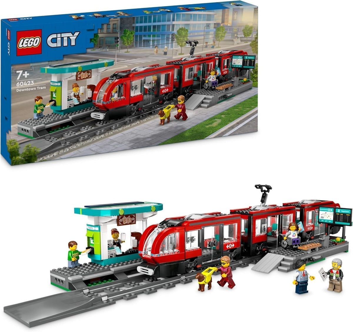 Tram LEGO City con stazione, idea regalo per gli appassionati di veicoli a partire dai 7 anni, con 6 minifigure e un cane guida per giochi di ruolo, giocattolo da costruzione 60423 Set da costruzione Besuche den LEGO-Store Titolo predefinito
