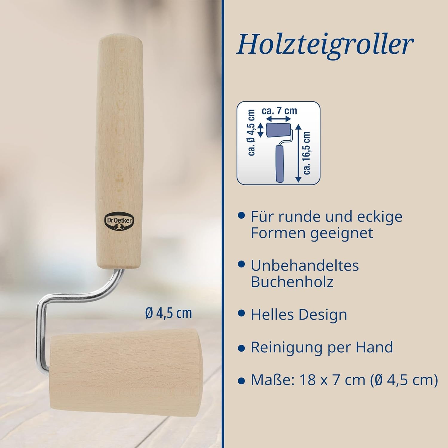 Dr. Oetker Teigroller aus Holz – Teigrolle aus Buchenholz di alta qualità – Perfekt für round und eckige Formen – ca. 18 x 7 cm, Rolle Durchmesser ca. 4,5 cm