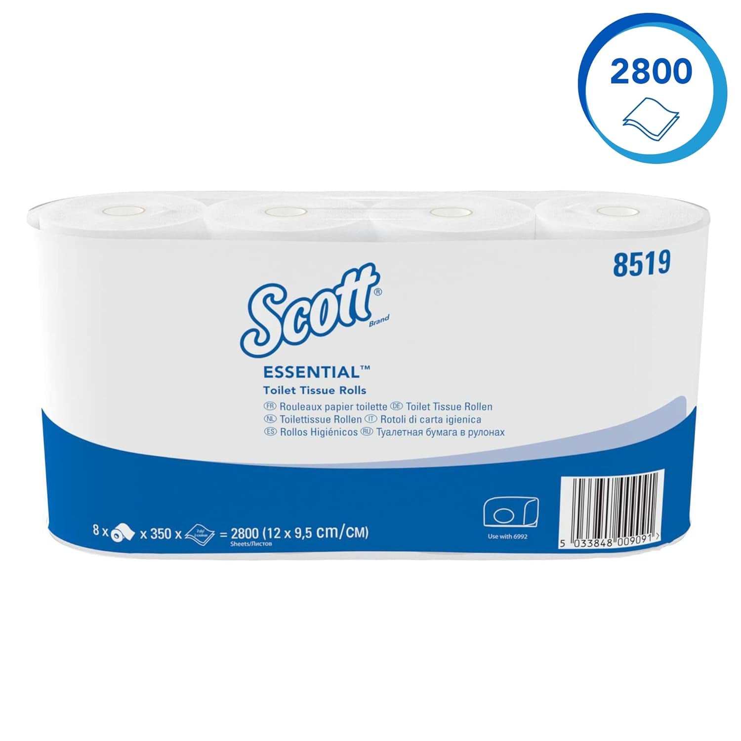 Hârtie igienică Scott® Essentialtm 8519, hârtie igienică albă cu 2 straturi, certificată Fsc și fabricată din fibre reciclate, 64 role de hârtie igienică X 350 coli (22.400 coli în total)