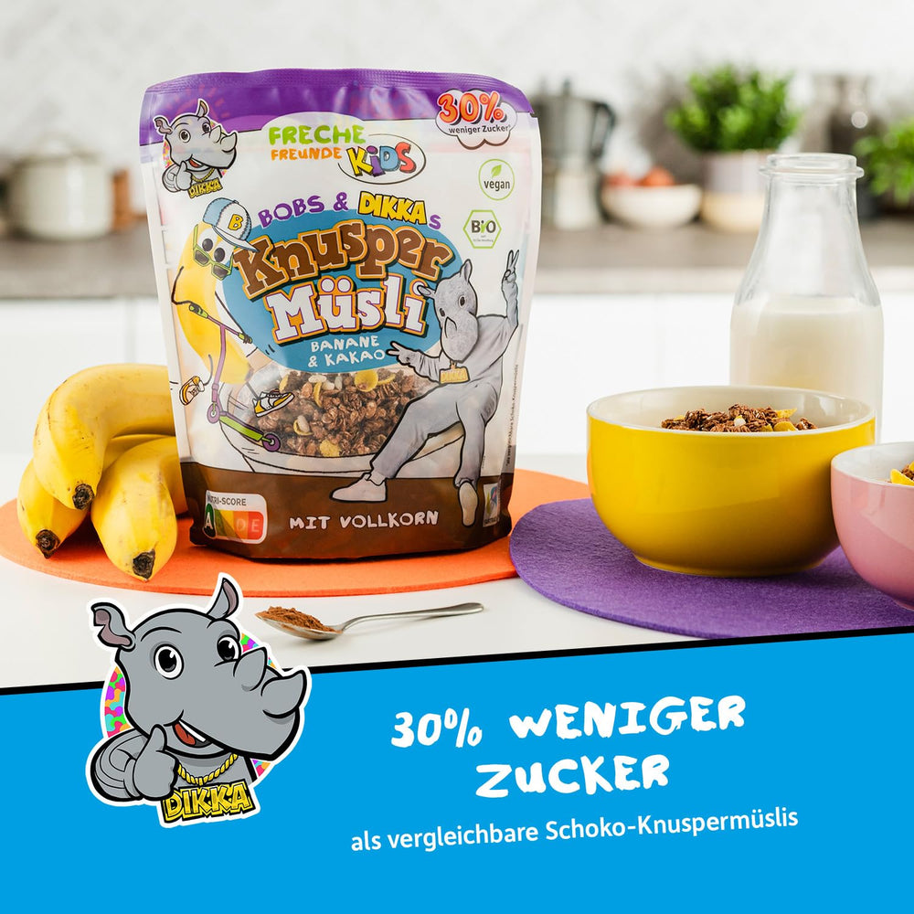 FRECHE FREUNDE KIDS, Bobs & DIKKAs Muesli Croccante Alla Banana E Cacao, Muesli Croccante Al Cioccolato Per Bambini, A Basso Contenuto Di Zuccheri, Senza Additivi, 100% Vegano, 6 Pezzi (6 x 280g)