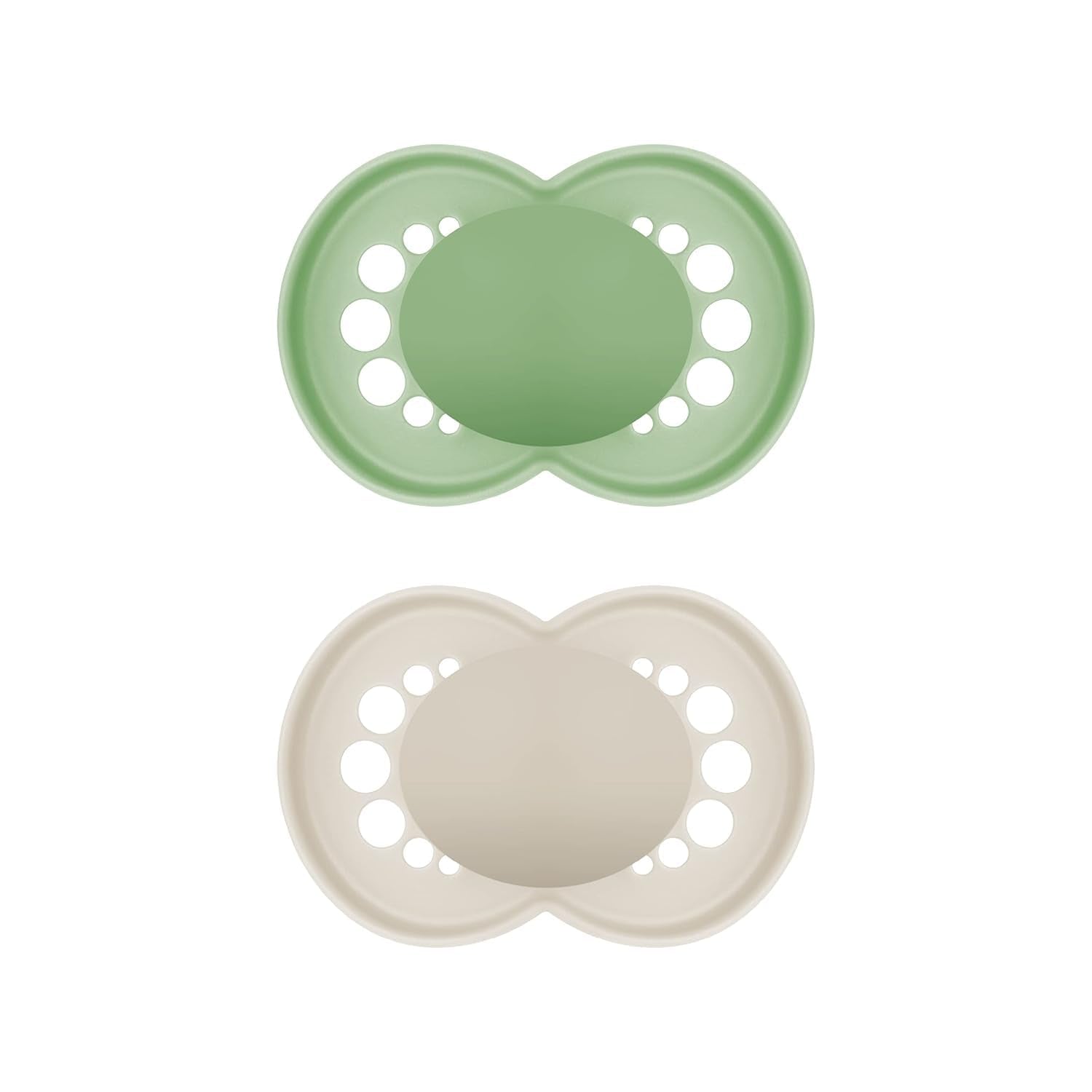 Suzete MAM Original, pachet de 2, suzete pentru bebeluși prietenoase cu dinții, fabricate din materiale sustenabile și bioregenerabile, tetine din silicon MAM SkinSoft, cu cutie pentru suzetă, 6-16 luni, verde/bej