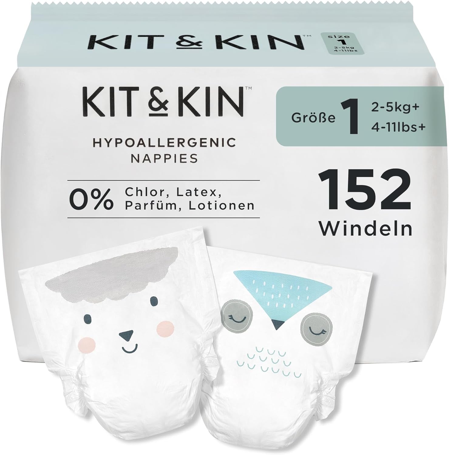 Pannolini Kit & Kin Premium, taglia 4 (9-14 kg), 128 pezzi, a base vegetale e ipoallergenici, protezione affidabile dalle perdite, vegani e cruelty free