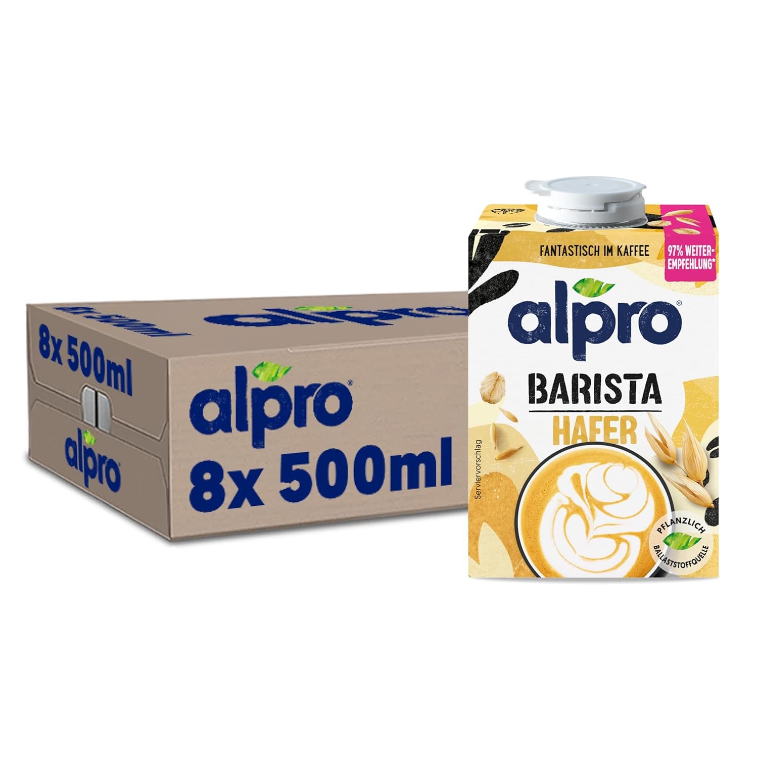 Alpro Barista Haferdrink – Zum Aufschäumen – Vegan und milchfrei – Von Natur aus lactosefrei – Rich an Ballaststoffen, Calcium und Vitaminen – 8 x 1 L – Haltbar