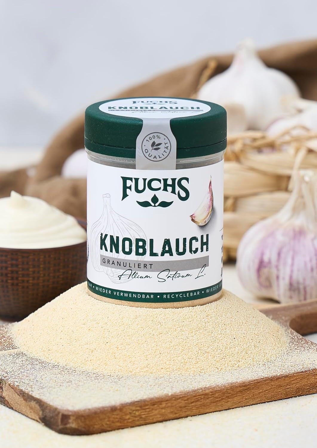 Fuchs Gewürze - Aglio granulato - würzig-zwiebliger Geschmack für Tzatziki, Knoblauchbutter oder Gemüsegerichte - ingredienti naturali - 85 g in wiederverwendbarer, recyclebarer Dose