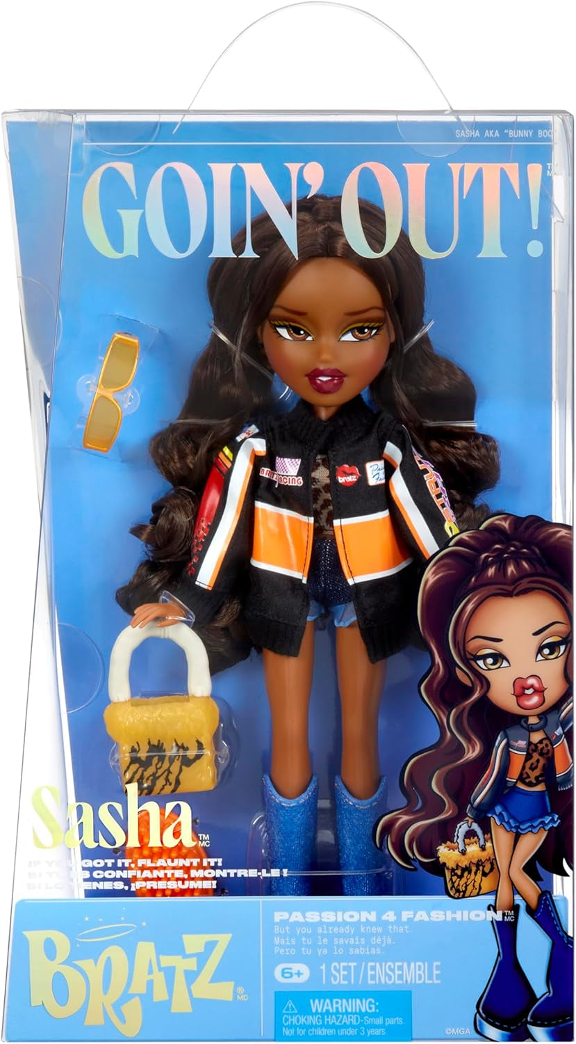 Bratz Goin' Out! Doll - Sasha - 1 Sammlerpuppe mit Accessoires, einem Outfit, einer Handtasche, einer Sonnenbrille und einer Bürste - Kinderspielzeug - ab 6 Jahren, Orange, Black