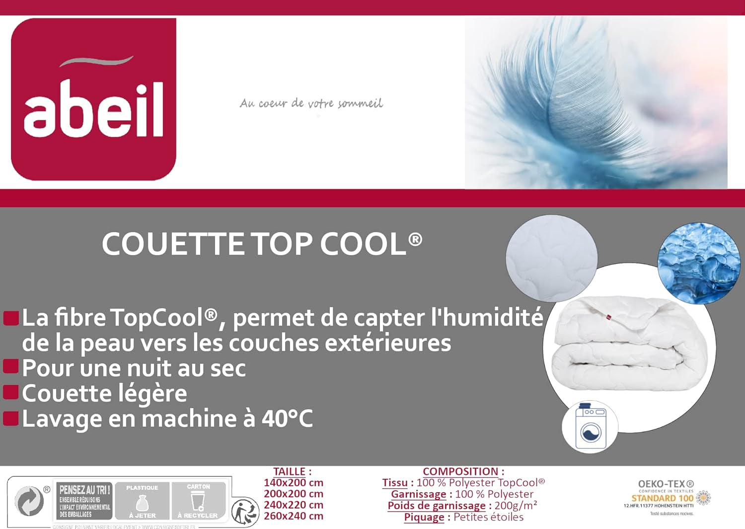 Abeil 1388 Piumino Topcool, sottile, regolatore di umidità, bianco, 240 X 260 Cm Piumini e trapunte Naty Shop