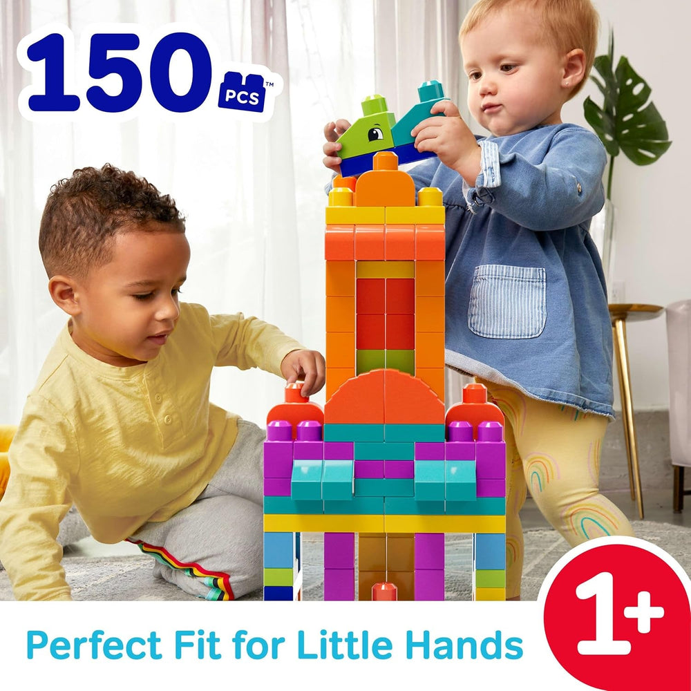 MEGA HHM96 - MEGA BLOKS Bausteinebeutel Deluxe, 150 große und farbenfrohe Bausteine mit einer Aufbewahrungstasche, Konstruktionsspielzeug, Spielzeug-Geschenkset für Kinder ab 1 Jahr