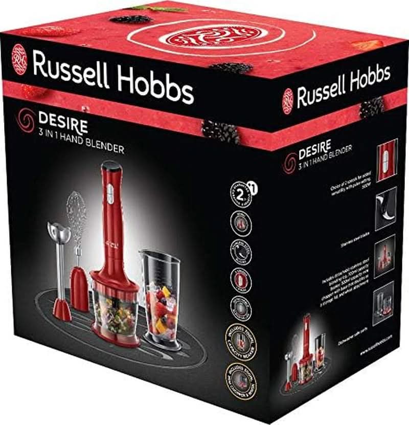 Russell Hobbs Stabmixer [3-In-1: Pürierstab/Zerkleinerer, Mixer- & Schneebesenaufsatz] Desire Rot (senza Bpa e Spülmaschinenfestes Zubehör, Für Smoothie, Suppen Saucen, Joghurt Babynahrung) 24700-56 Kitchen Naty Shop