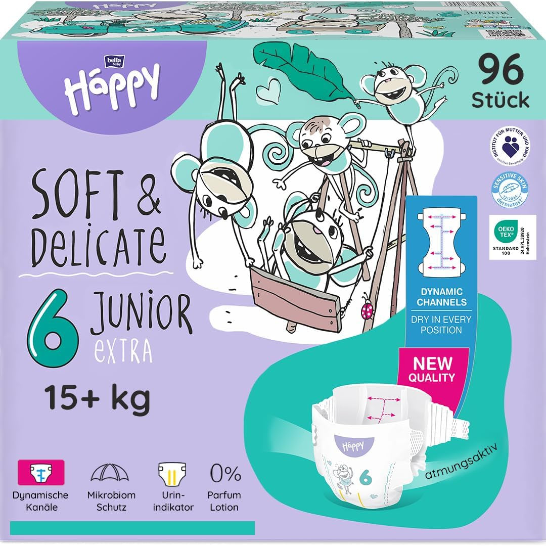 Pannolini Bella Baby Happy Premium, taglia 6, Junior Extra, 15+ kg, 96 pezzi, sigillo DERMATEST e OEKO-TEX, pannolini usa e getta per bambini