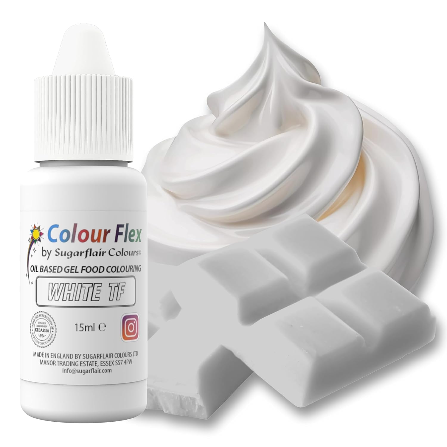 Colorant alimentar pe bază de ulei Sugarflair Colourflex alb, colorant alimentar lichid foarte concentrat, colorant alimentar pentru cremă de unt, ciocolată, aluat, fondant, glazură și multe altele - 15 ml