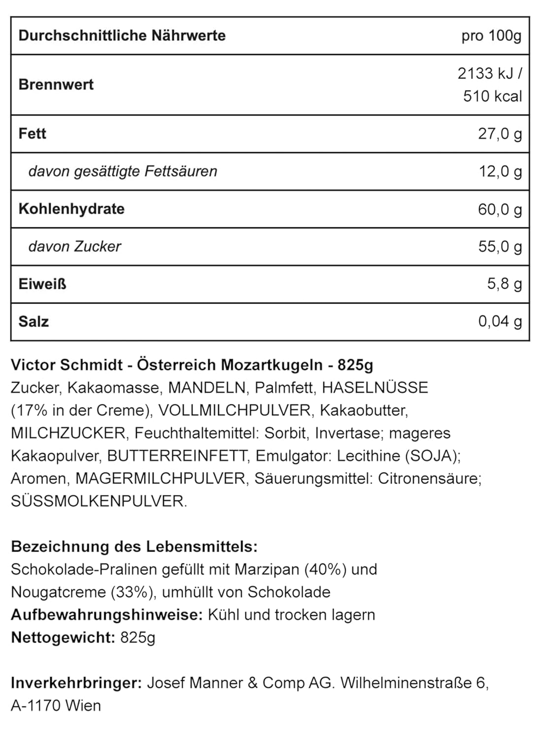 Mozartkugeln – Originali dall'Austria – Cioccolatini pregiati con torrone e marzapane – 825g (1 confezione)