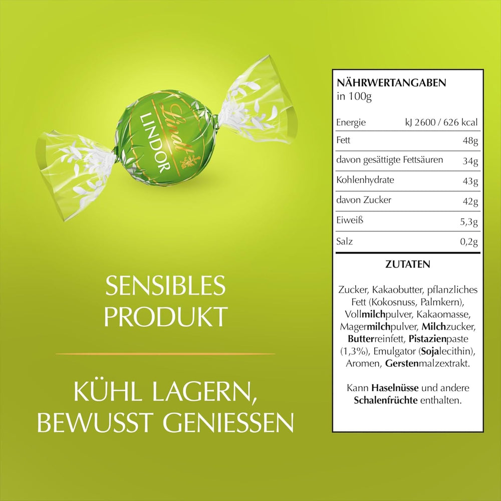 Lindt LINDOR Cioccolato al Pistacchio | Busta richiudibile da 1 kg | ca. 80 palline di cioccolato al latte con ripieno di crema al pistacchio che si scioglie in bocca | Confezione sfusa, regalo pralinato