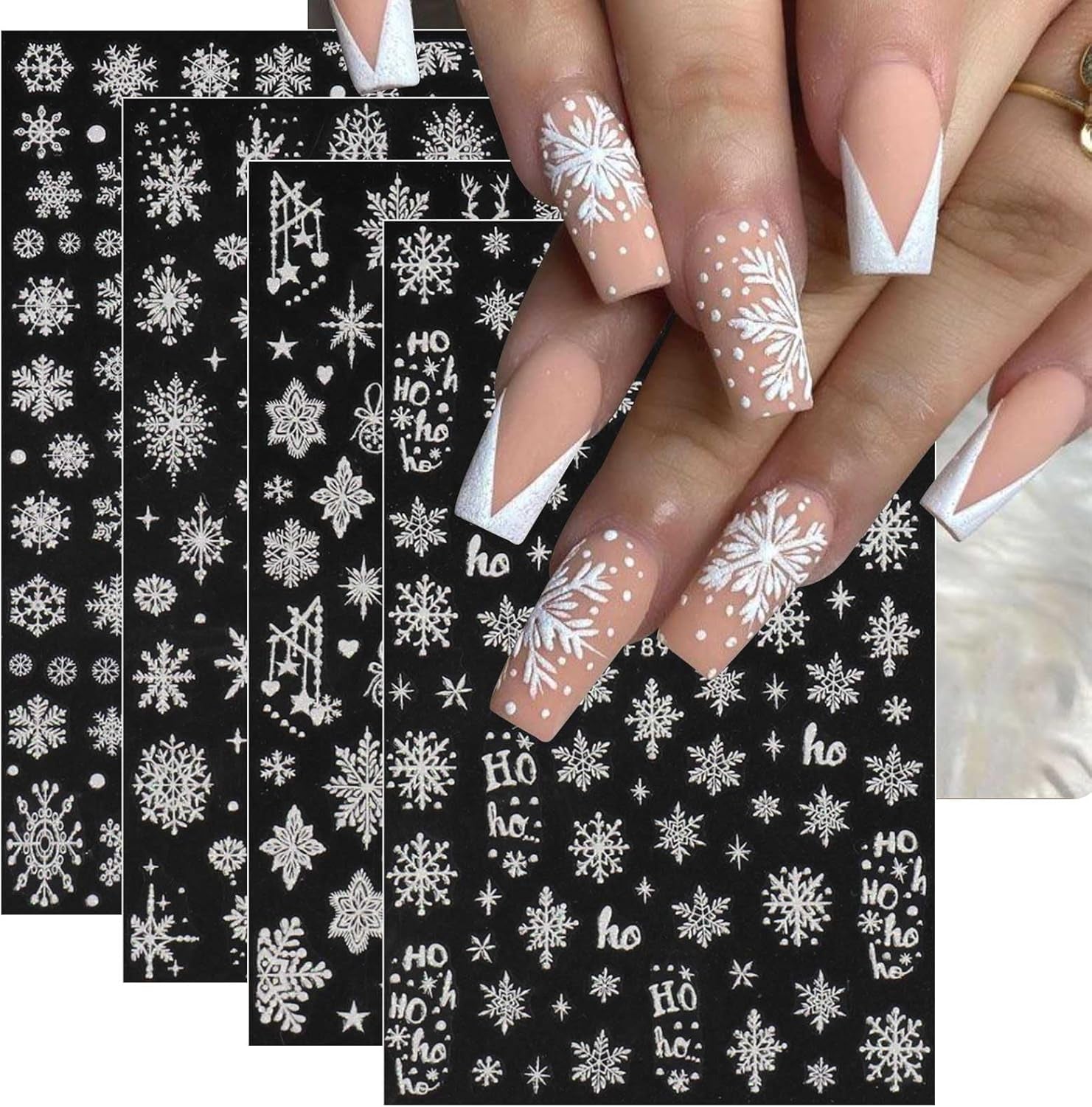 JMEOWIO Nagelsticker Weihnachten Weiß Glitter 8 Blatt Nail Art Sticker Selbstklebend Nagelaufkleber Schneeflocke Winter Holiday Dekoration Nageldesign Zubehör