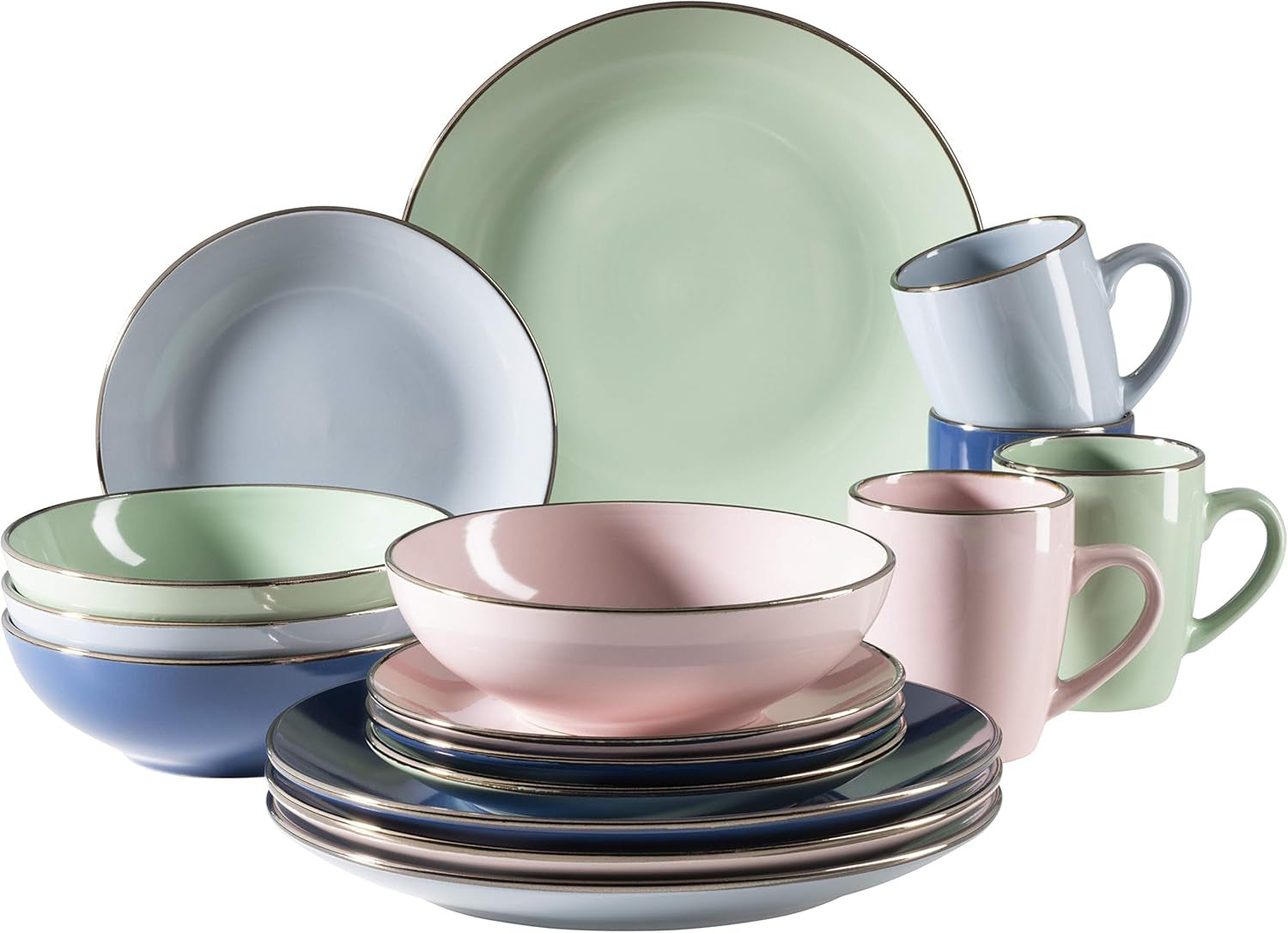 MÄSER 931871 Bordo metallico, Stoviglie moderne per 4 persone con bordo color ottone, servizio combinato 16 pezzi Set di stoviglie Naty Shop Pastel'N'Blue