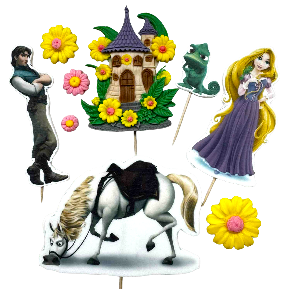 Rapunzel – Set di 9 decorazioni commestibili in pasta di zucchero (1–10 cm) per torte