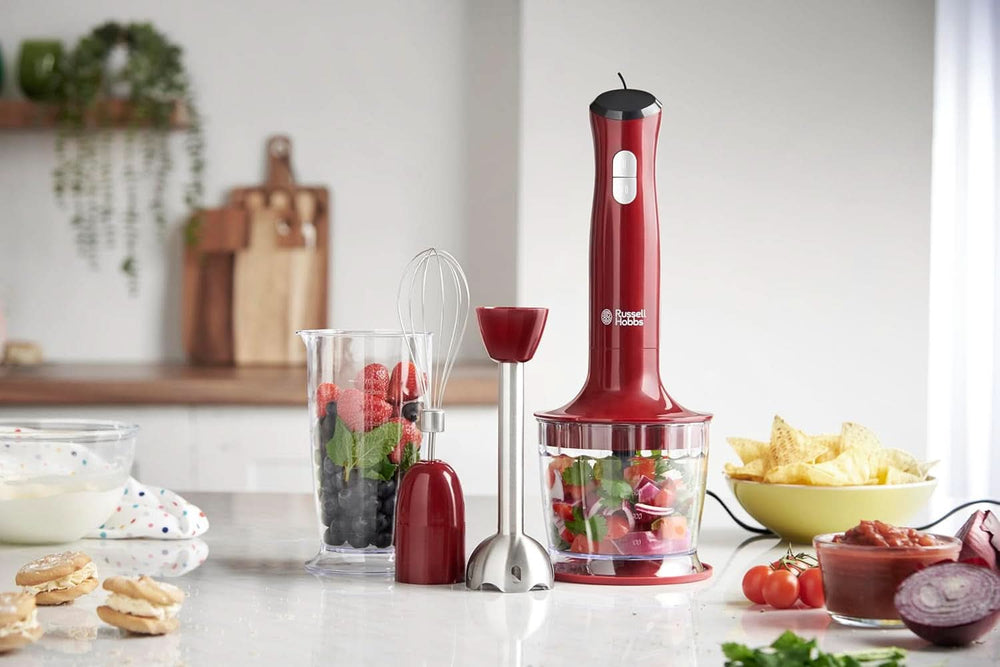 Russell Hobbs Stabmixer [3-In-1: Pürierstab/Zerkleinerer, Mixer- & Schneebesenaufsatz] Desire Rot (senza Bpa e Spülmaschinenfestes Zubehör, Für Smoothie, Suppen Saucen, Joghurt Babynahrung) 24700-56 Kitchen Naty Shop