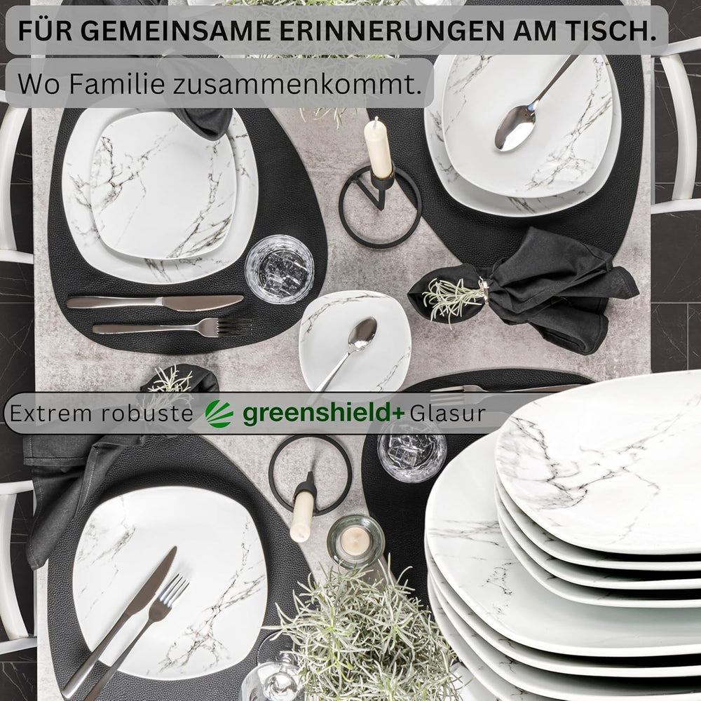 SÄNGER | Set de veselă combinat Bilgola din marmură, set de veselă cu 36 de piese pentru 6 persoane, cu farfurii de cină, farfurii de desert, farfurii de sumă, boluri pentru cereale, farfurii de cafea și farfurioare din porțelan, pătrat | COLECȚIA PREMIUM