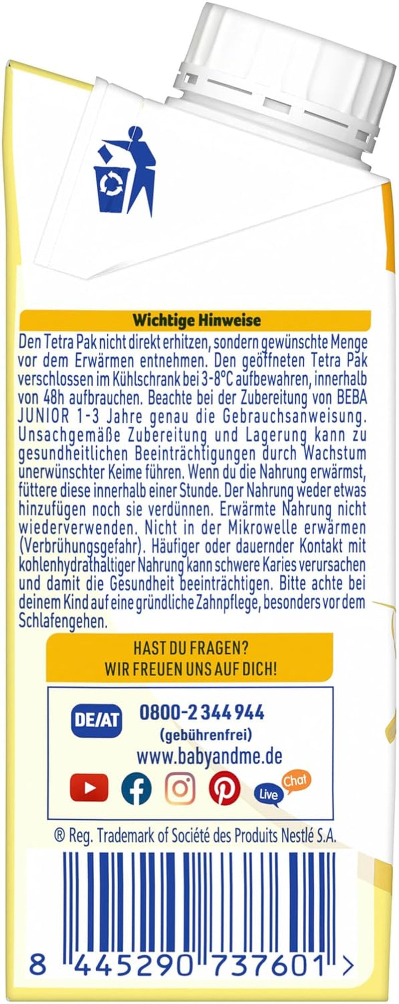 BEBA Junior, bevanda a base di latte pronta da bere per 1-3 anni, con HMO, contenuto proteico adeguato all'età, senza olio di palma, senza olio di pesce, alimenti per bambini, confezione da 6 (6 x 200 ml)