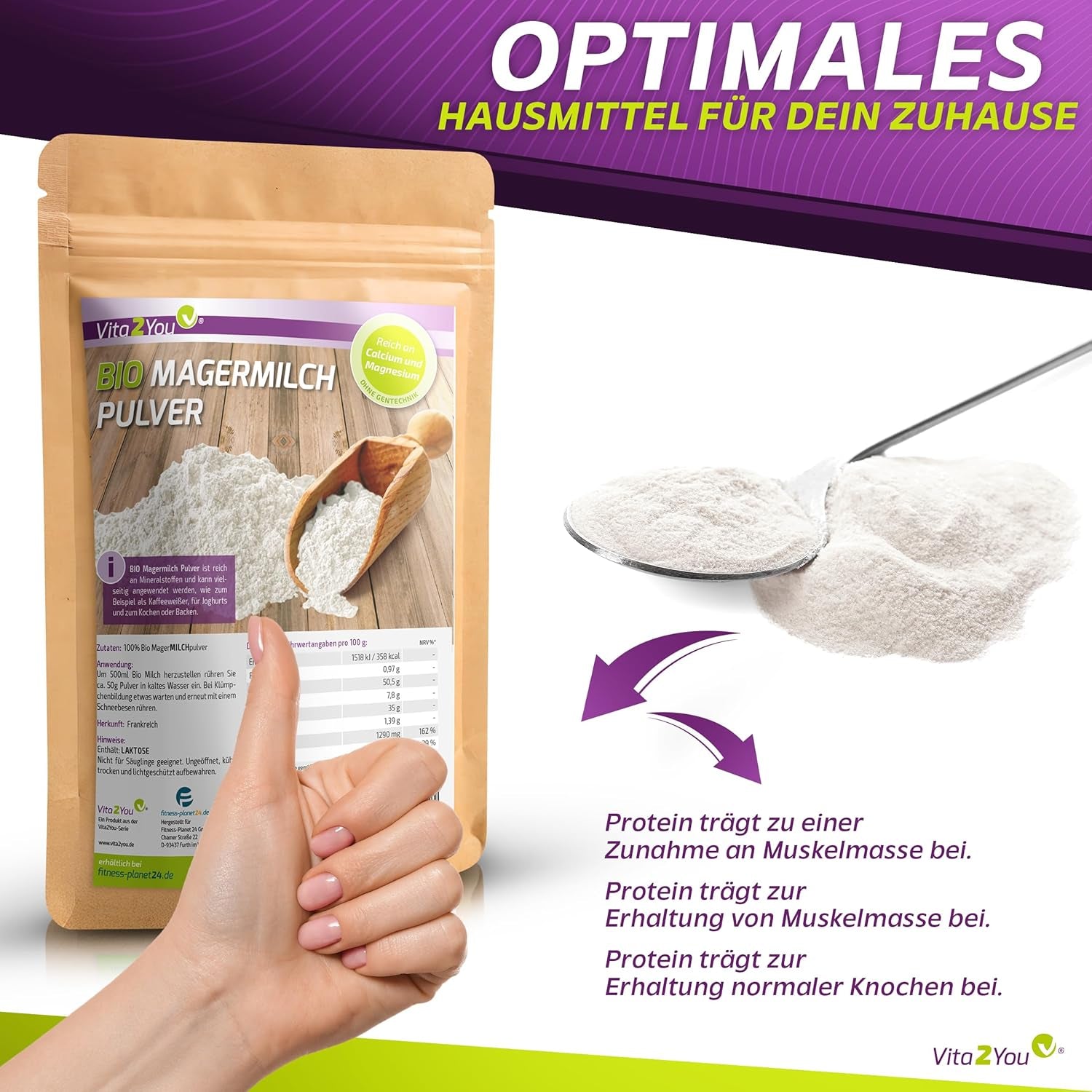 Vita2You Bio Latte scremato in polvere 1000g - 100% Bio Qualität - per cuocere al forno - Kaffeeweißer - Milchpulver für Joghurts - 1kg - Premium Qualität