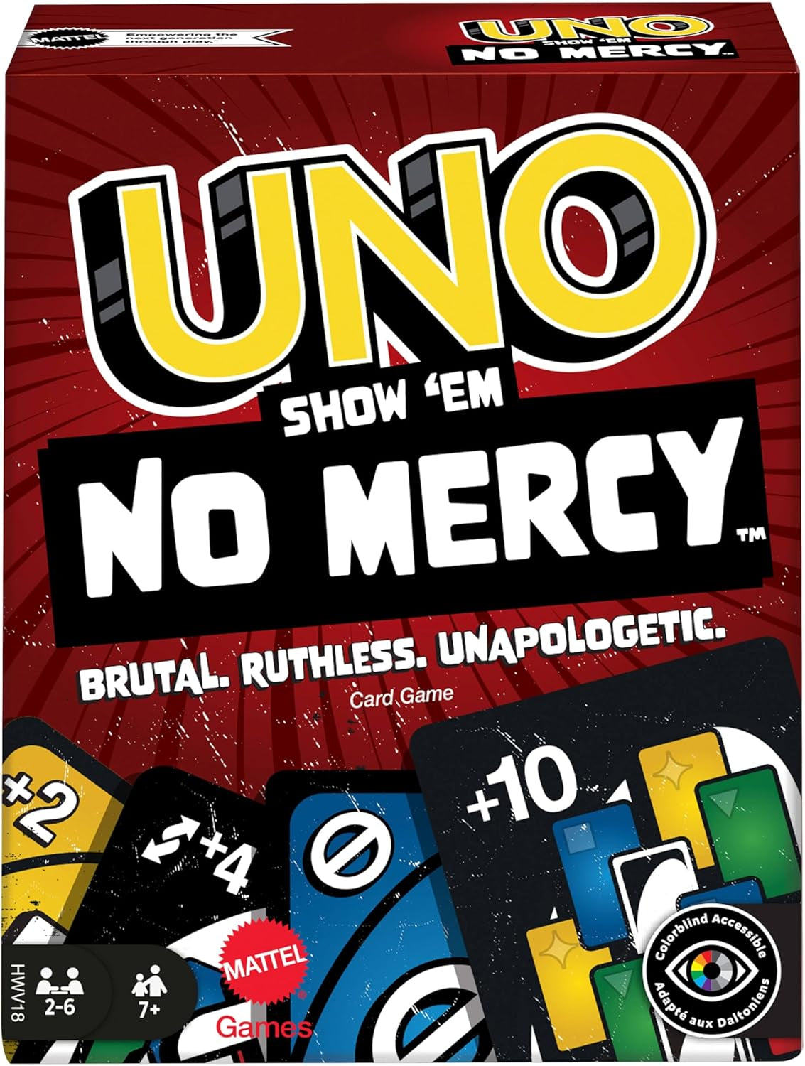 Mattel UNO Show 'em No Mercy - 56 carte extra, carte azione impegnative e regole di gioco brutali per la versione più spietata, regole di impilamento e scambio di mani, dai 7 anni in su, HWV18