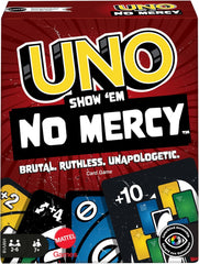 Mattel UNO Show 'em No Mercy - 56 carte extra, carte azione impegnative e regole di gioco brutali per la versione più spietata, regole di impilamento e scambio di mani, dai 7 anni in su, HWV18
