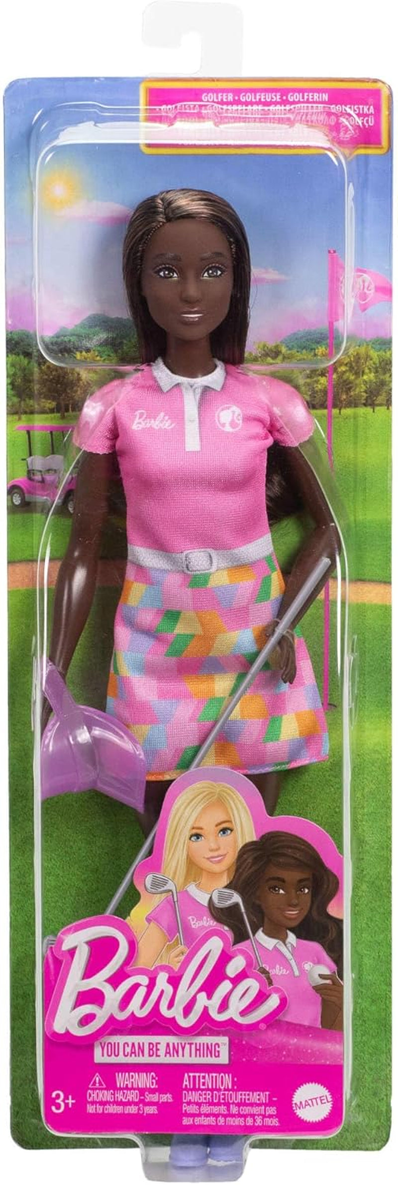 Păpușă Barbie Golfer Brunetă în Rochie Polo Roz Detașabilă, Uniformă de Golf, Include Șapcă și Accesorii pentru Crose de Golf, JCR69