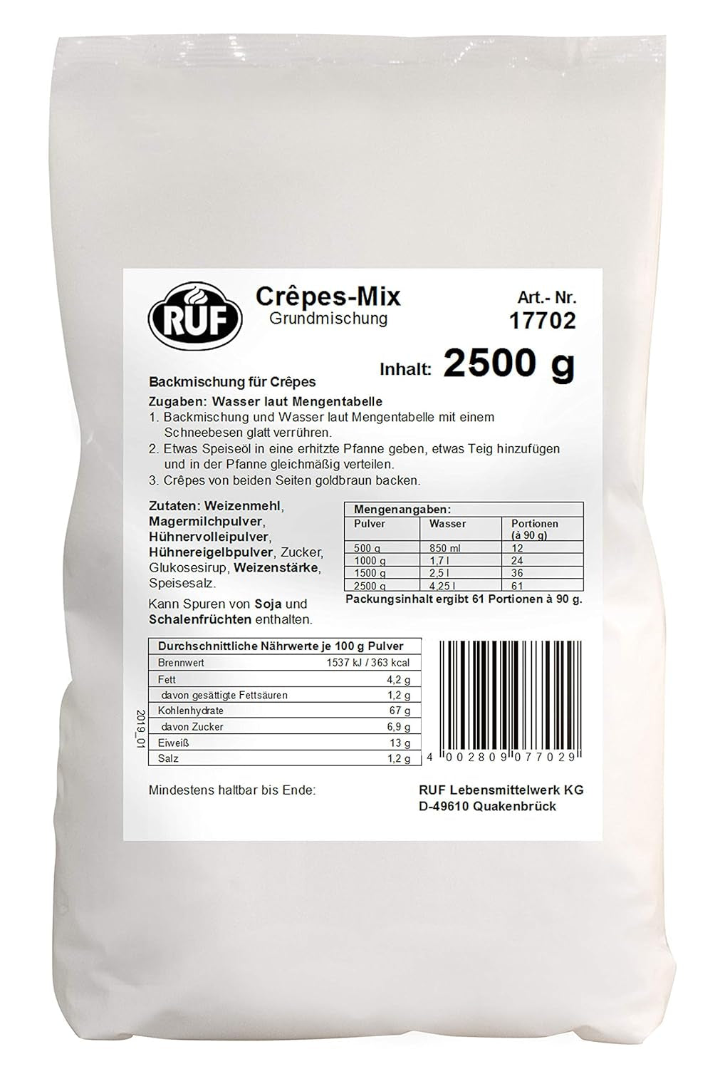 RUF Waffel-Mix, Großpackung, Grundmischung Zur Herstellung Von Waffeln Im Waffeleisen, Für Großküchen, Kantinen, Hotels Und Restaurants, 1 X 2500G Mix per cuocere e cucinare Naty Shop Crêpesteig Single