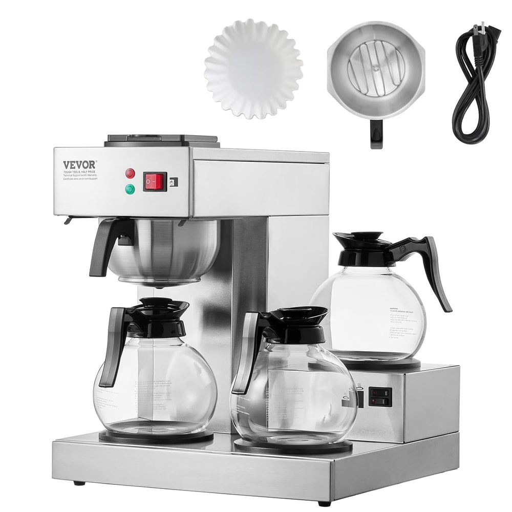 VEVOR Espressor comercial cu filtru pentru 12 căni, espressor cu 3 carafe de sticlă și 3 plăci de încălzire, espressor din oțel inoxidabil cu alimentare automată cu apă, pentru restaurante, birouri, cafenele