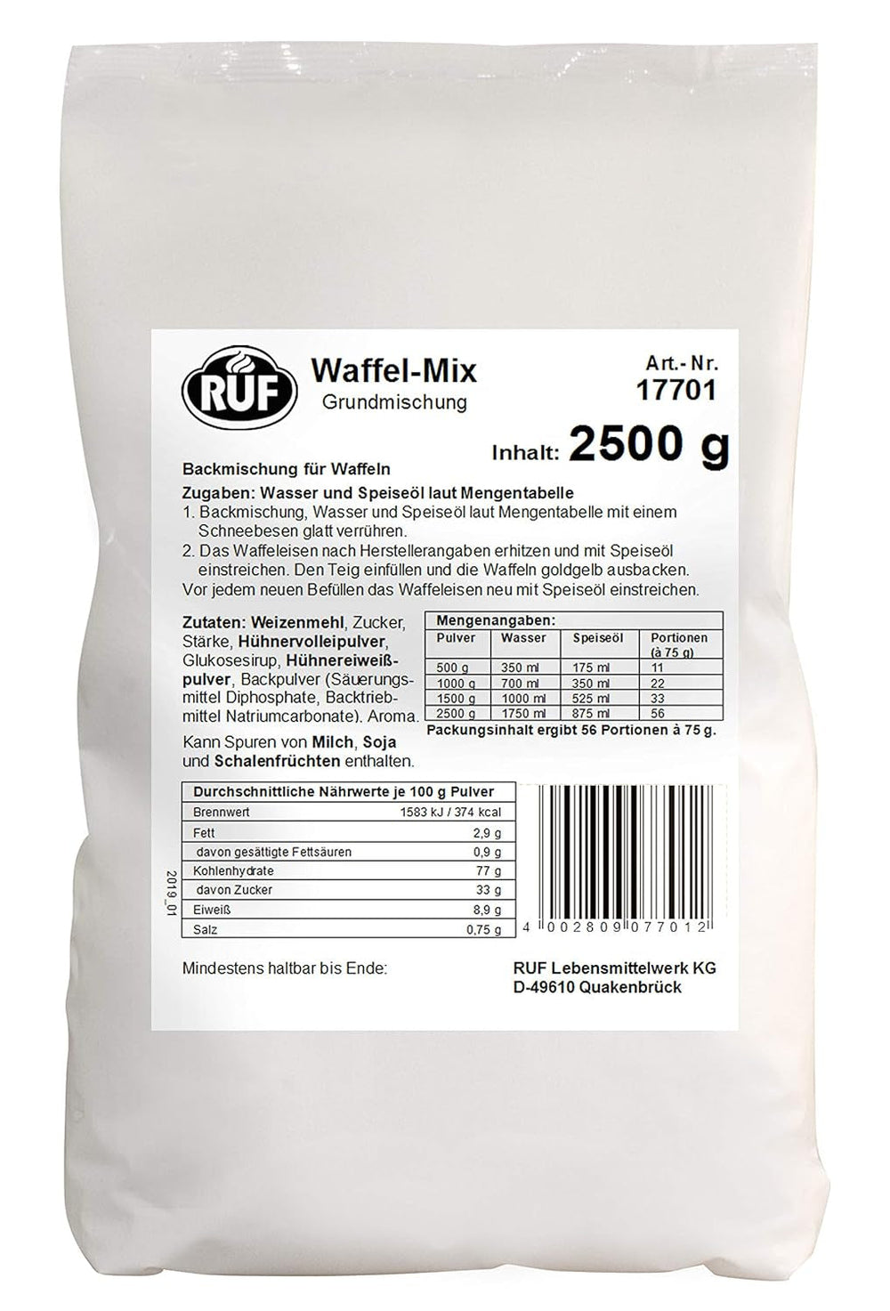 RUF Waffel-Mix, Großpackung, Grundmischung Zur Herstellung Von Waffeln Im Waffeleisen, Für Großküchen, Kantinen, Hotels Und Restaurants, 1 X 2500G Mix per cuocere e cucinare Naty Shop Wafelteig Single
