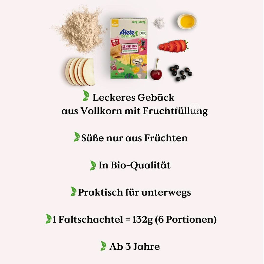 Alete Bio Schnitties, cereali integrali e frutti rossi 6 x 22 g Naty Shop Mamma e Bambino