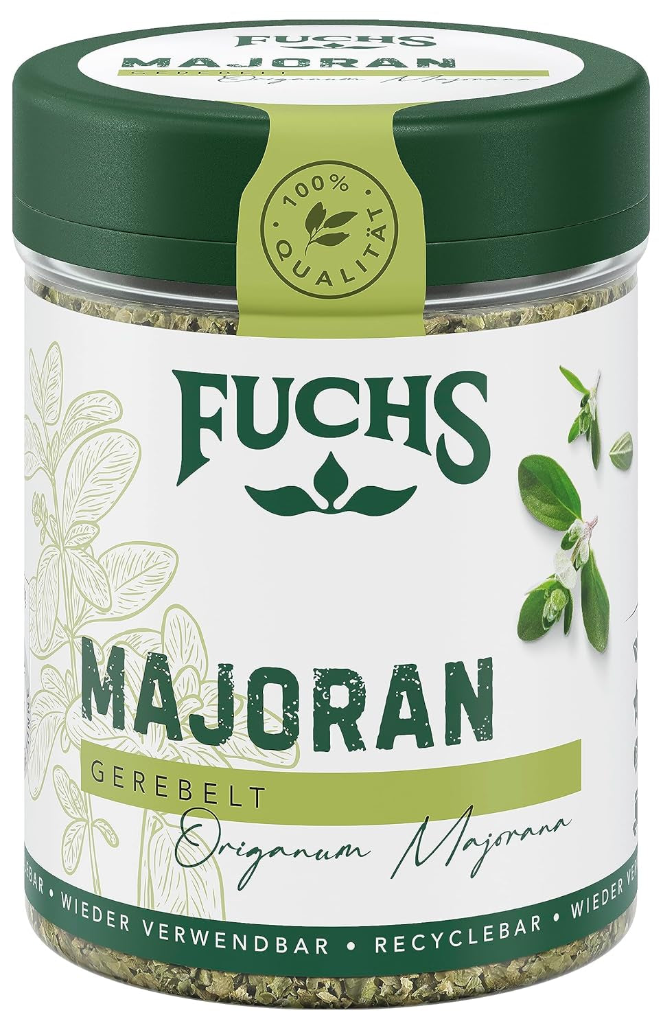 Fuchs Gewürze - Maggiorana gerebelt - zum Würzen von Kartoffelgerichten, Fleischgerichten oder Eintöpfen - ingredienti naturali - 10 g in wiederverwendbarer, recyclebarer Dose