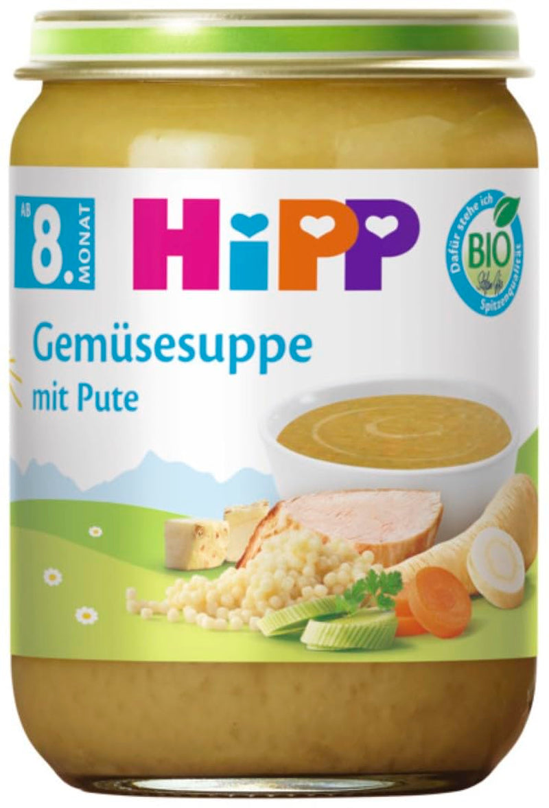 Zuppa di verdure di tacchino HiPP Bio (6 x 190g), da 8 mesi, senza sale aggiunto, con Omega-3, della migliore qualità biologica