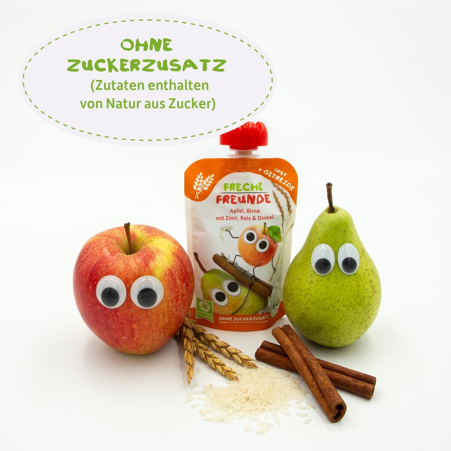 FRECHE FREUNDE Bustina di frutta biologica comprimibile Mela Cannella Pera Riso Farro Purea di frutta con cereali per bambini 6 mesi+ Vegan Confezione da 6 (6 x 100 g)