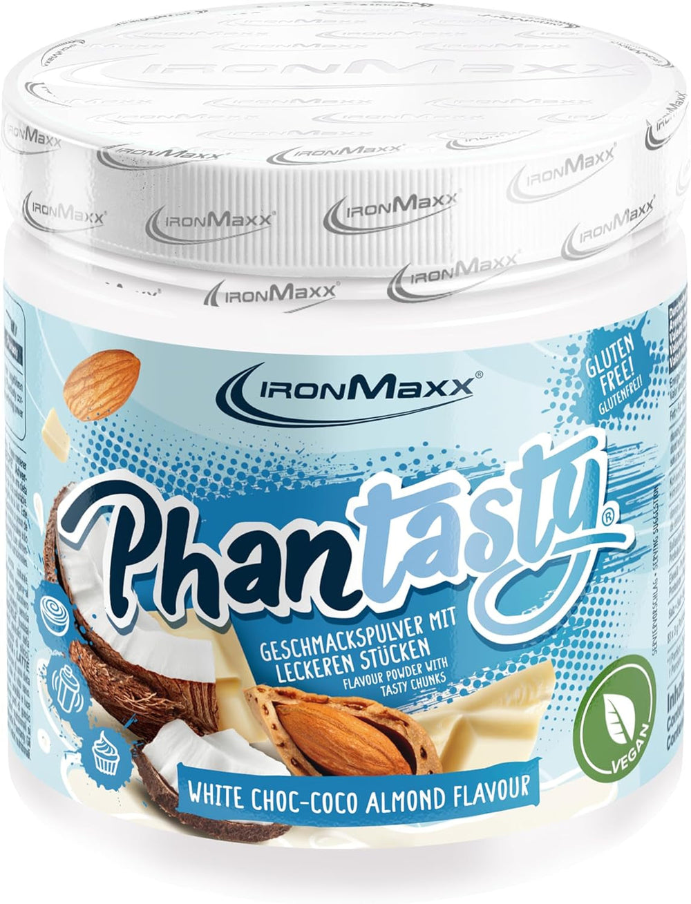 Ironmaxx Phantasty - Dose cremosa alla pesca 250G | Vegan Geschmackspulver Mit Echten Frucht- Oder Nussstückchen | Dolcificanti Perfekter Zuckerersatz Naty Shop 250 G (confezione 1Er) Cioccolato bianco – Mandorla al cocco